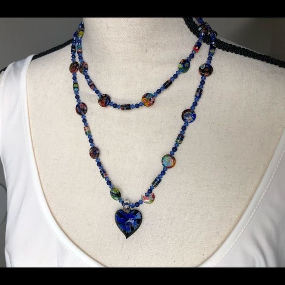 UPDATED: Millefiori (as is) glass bead double strand with heart pendant - Picture 2 of 7